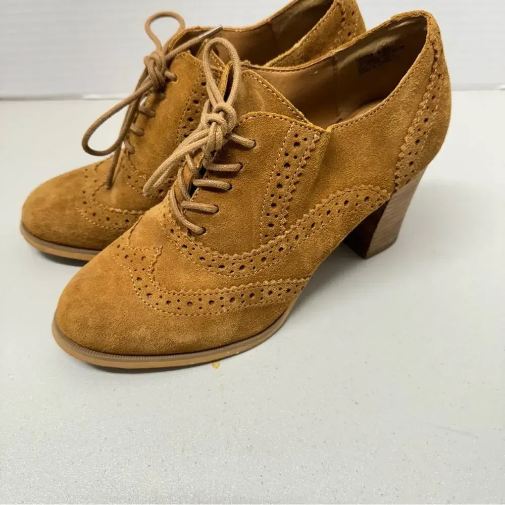 Steve Madden Tan Leather Oxford Lace Up Boots Women’s 6.5 Stacked Heel Booties